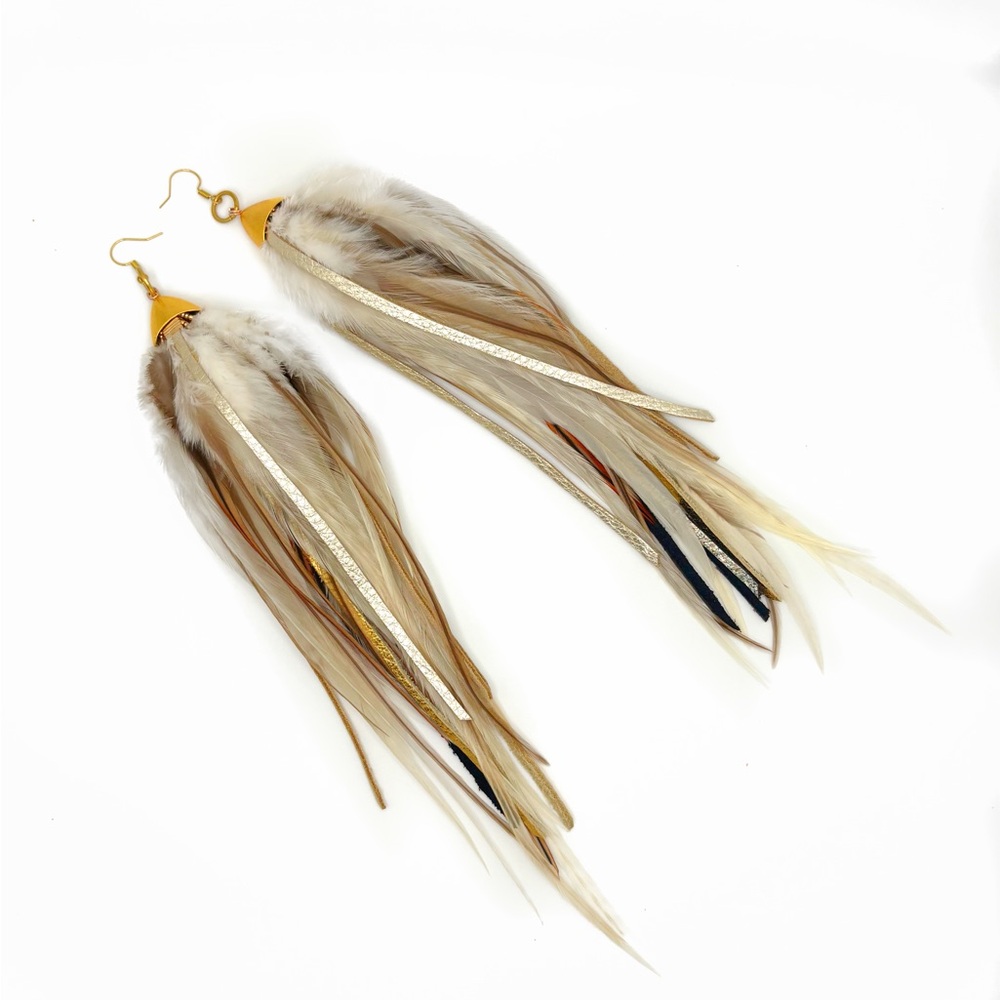 Elegant Feather Drop Earrings - cream and white with metallic leather accents - Picture 2 of 4